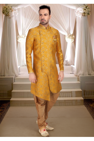 Yellow With Gold Print Art Silk Indo Western